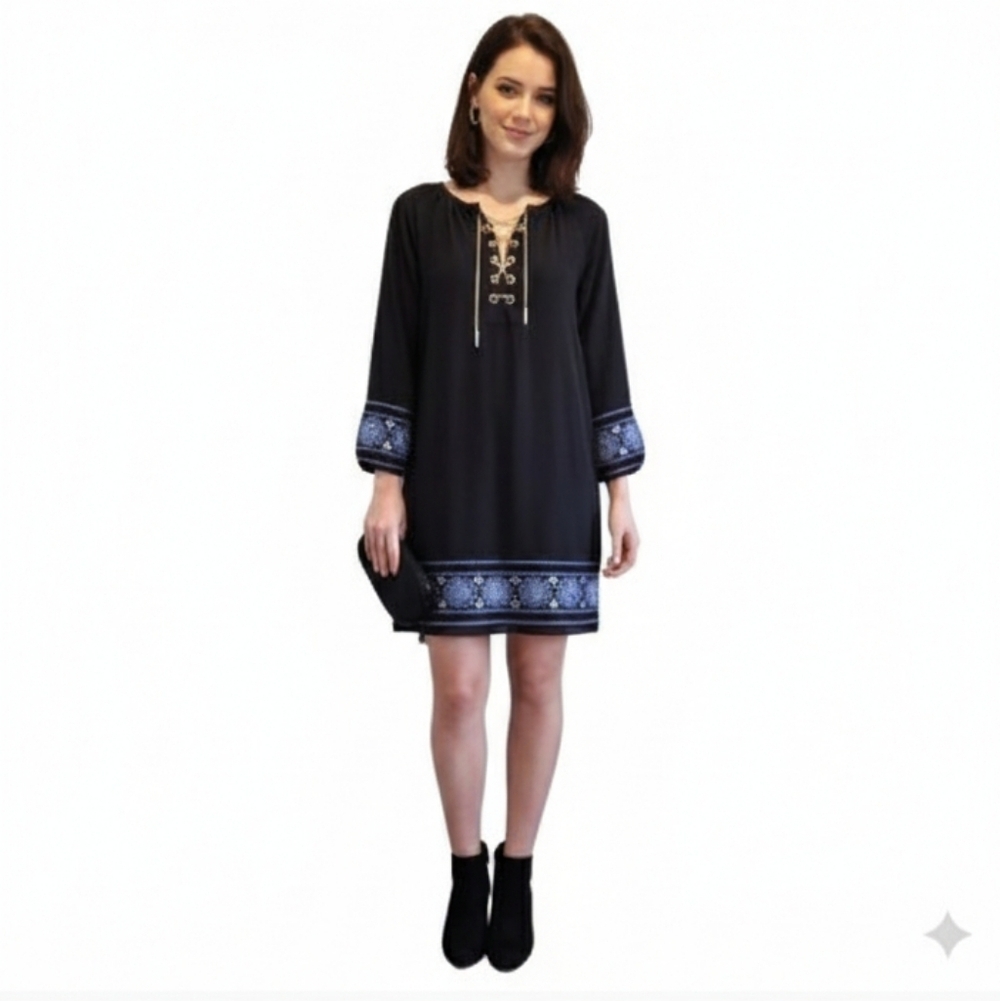 Michael Kors Black Tunic Dress Blue  Embroidery Gold Chain Laceup Detail Size XS